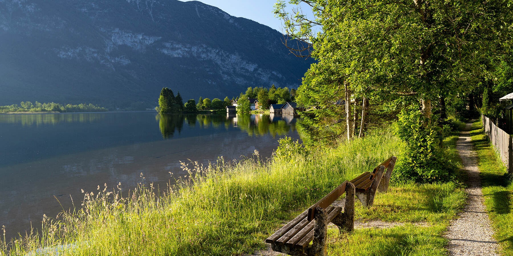 walkway at Lake Hallstatt with a bench