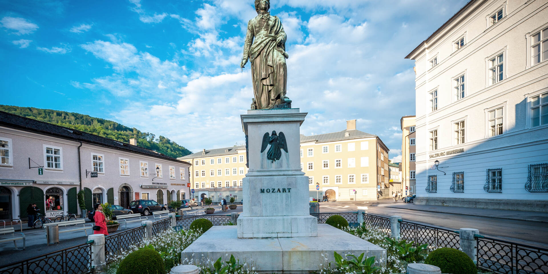 mozart monument on mozart square in Salzburg